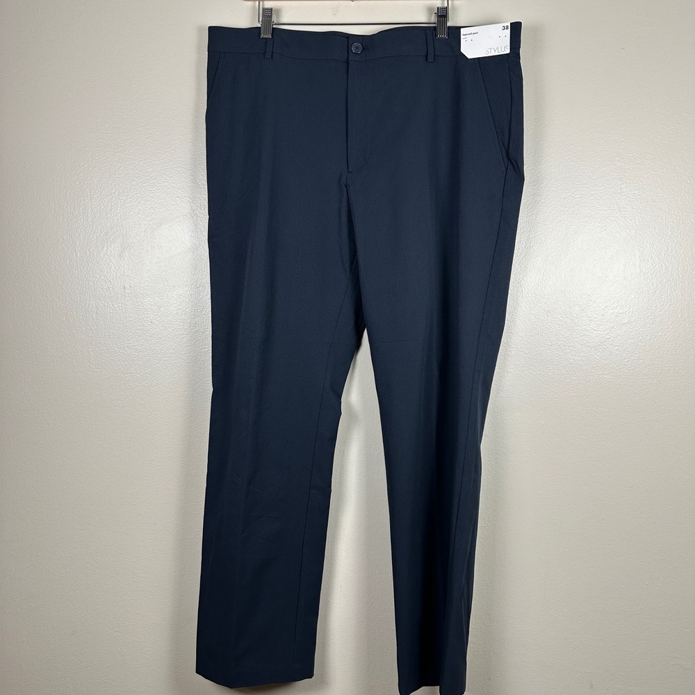 Stylus Men's 38 Tapered Pant Moonless Night Navy Blue Stretch Textured NEW